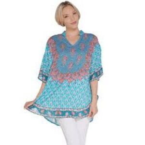 Tolani Collection Womens 3X Mandarin Collar Woven Caftan Tunic Top Turquoise NWT